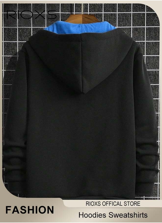 Men's Hoodies Sweatshirts,Letter Graphic Print Front Zipper Hoodie Sweatshirt,Long Sleeve Hooded Sweatshirt With Pocket,Pullovers Hooded Tops For Men,Casual Sportswear Hoodies,Gift For Daddy Boyfirend Husband