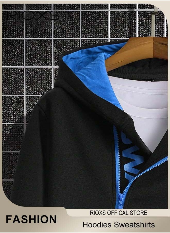 Men's Hoodies Sweatshirts,Letter Graphic Print Front Zipper Hoodie Sweatshirt,Long Sleeve Hooded Sweatshirt With Pocket,Pullovers Hooded Tops For Men,Casual Sportswear Hoodies,Gift For Daddy Boyfirend Husband