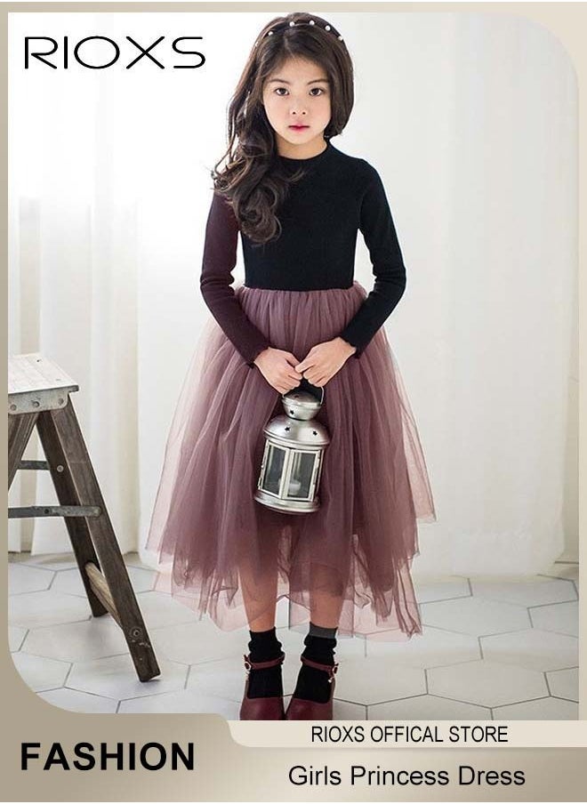 Toddler Girls Tutu Dress, Girls Long Sleeve A Line Tutu Dress, Round Neck Mesh Slim Dress, Kids Knitted Cotton Princess Dress, Elastic Waist Mesh Layered Fairy Skirt, For Party School Performance Or Daily Wear