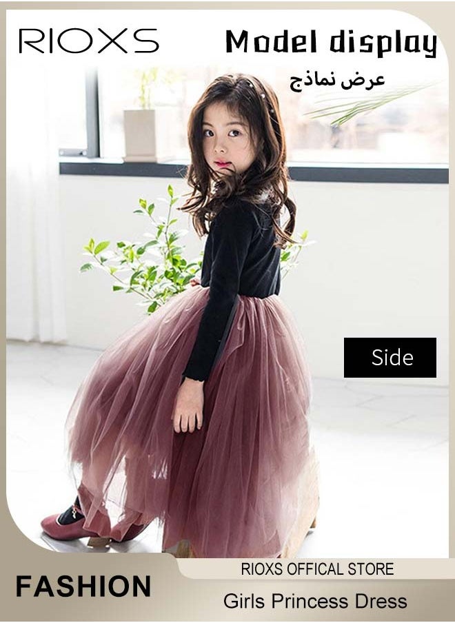 Toddler Girls Tutu Dress, Girls Long Sleeve A Line Tutu Dress, Round Neck Mesh Slim Dress, Kids Knitted Cotton Princess Dress, Elastic Waist Mesh Layered Fairy Skirt, For Party School Performance Or Daily Wear