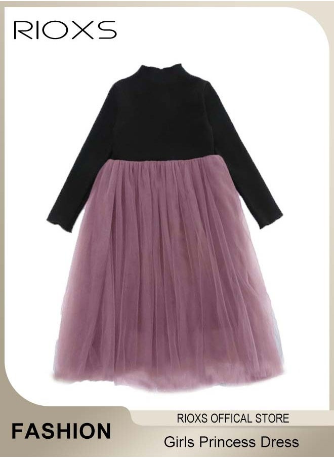 Toddler Girls Tutu Dress, Girls Long Sleeve A Line Tutu Dress, Round Neck Mesh Slim Dress, Kids Knitted Cotton Princess Dress, Elastic Waist Mesh Layered Fairy Skirt, For Party School Performance Or Daily Wear