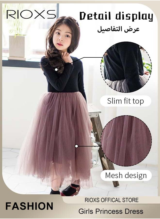 Toddler Girls Tutu Dress, Girls Long Sleeve A Line Tutu Dress, Round Neck Mesh Slim Dress, Kids Knitted Cotton Princess Dress, Elastic Waist Mesh Layered Fairy Skirt, For Party School Performance Or Daily Wear