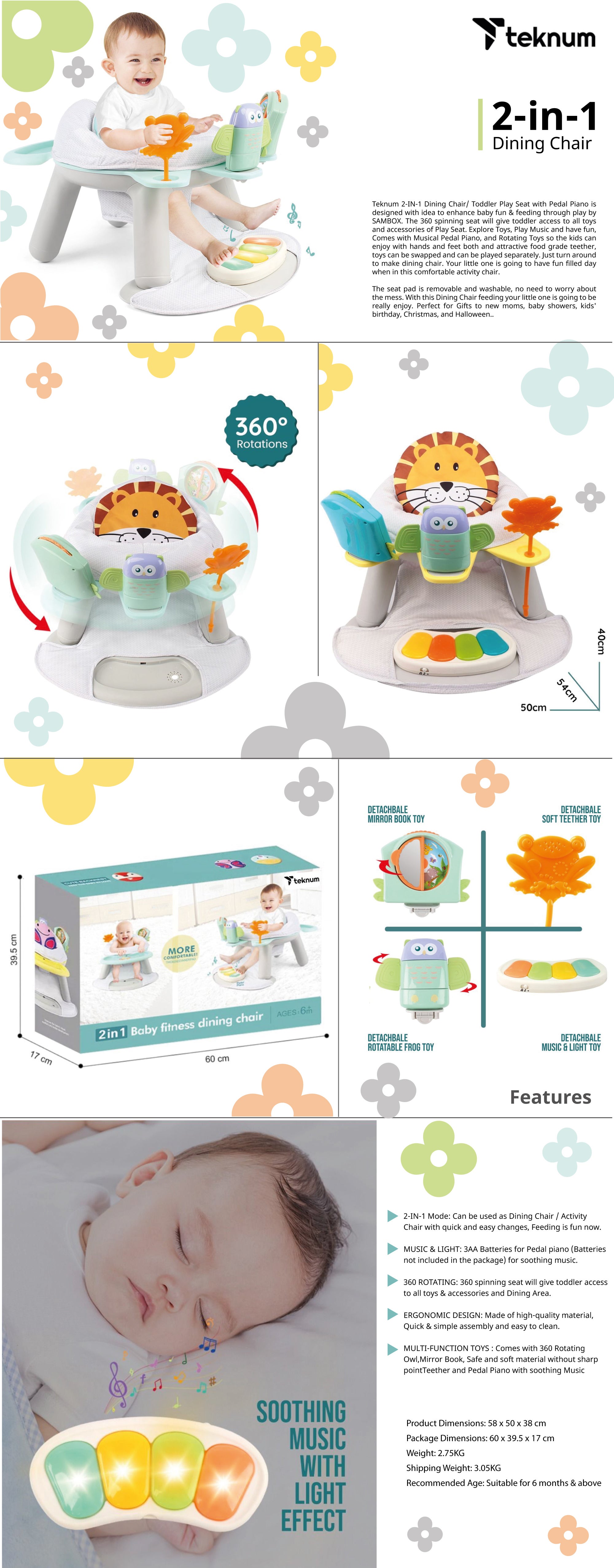 2-In-1 Dining Chair/Toddler Play Seat With Pedal - Piano -White