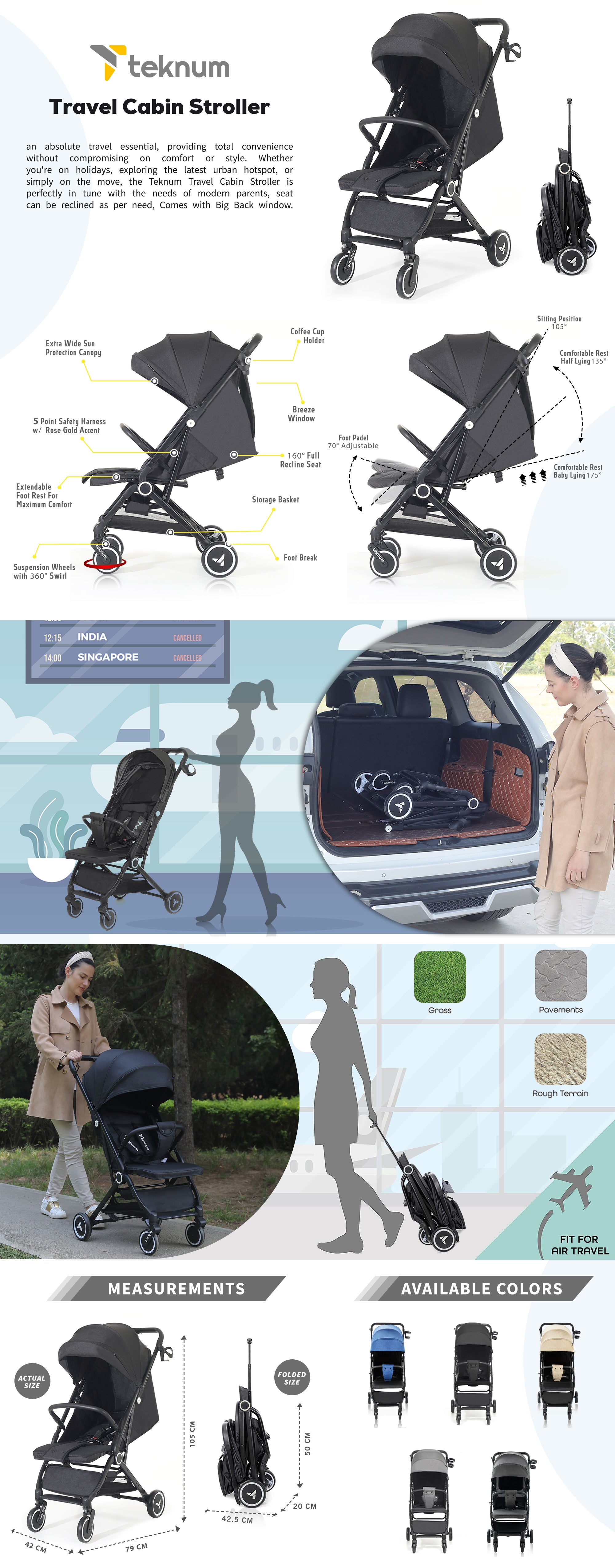 Travel Cabin Stroller with Extra Wide Canopy, Reclining Seat, Breathable Fabric - Black, 0m+ - 22kg