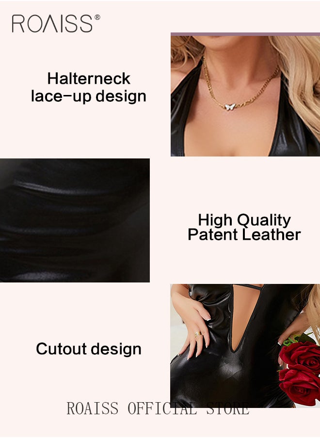 V Neck Halter One Piece Lingerie Set for Women Ladies Slim Fit Sleeveless Skin Friendly Underwear Suit with Black Long Fishnet Stockings to Accentuate Body Curves