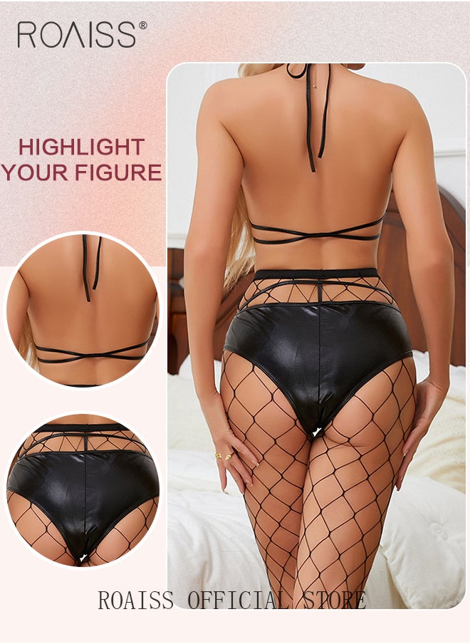 V Neck Halter One Piece Lingerie Set for Women Ladies Slim Fit Sleeveless Skin Friendly Underwear Suit with Black Long Fishnet Stockings to Accentuate Body Curves