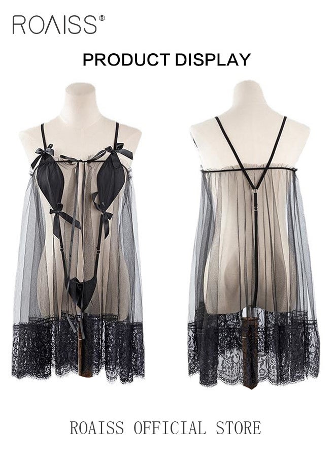 Lace Floral See Through Lingerie Set for Women One Piece Mesh Yarn Spaghetti Strap Naughty Underwear Ladies Comfy and Breathable Sleeveless Loose Dress with Embroidery Texture Lace Trim