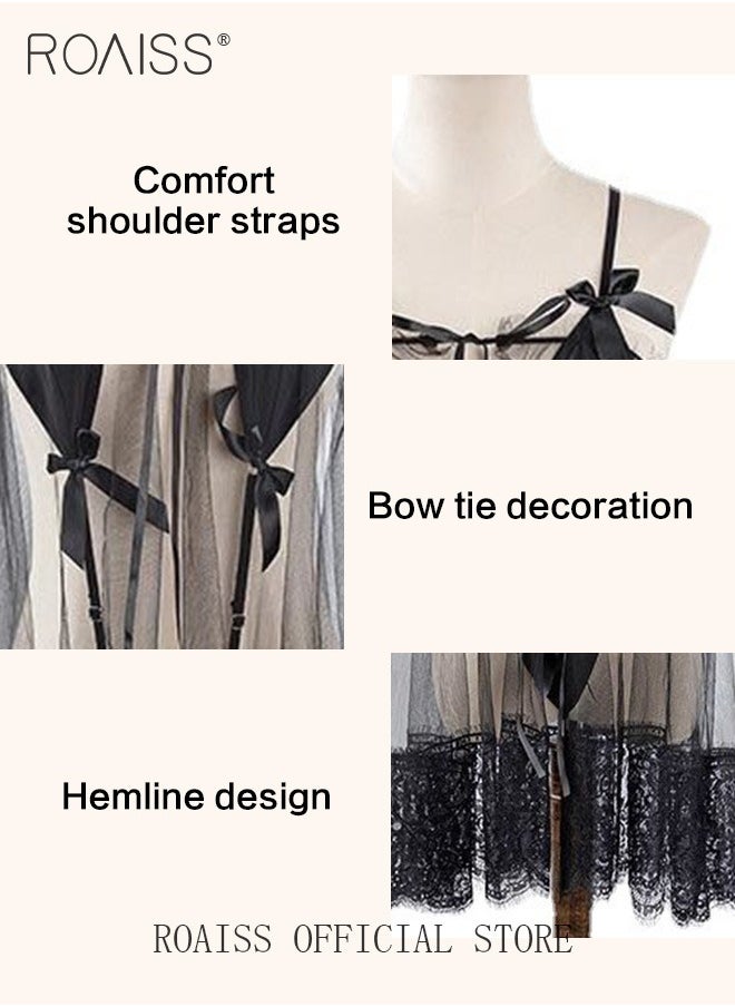 Lace Floral See Through Lingerie Set for Women One Piece Mesh Yarn Spaghetti Strap Naughty Underwear Ladies Comfy and Breathable Sleeveless Loose Dress with Embroidery Texture Lace Trim