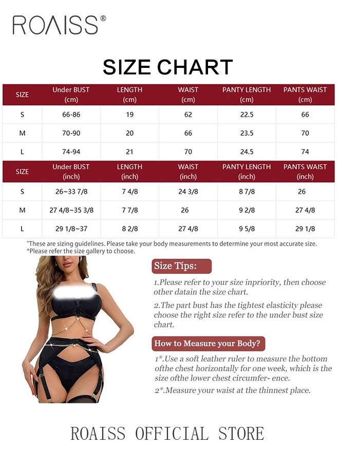Intertwined Stitching Lingerie Sets for Women Slim Fit Underwire Bra and Panty Underwear Suit with Mesh Garter Ladies Black Hollow out Babydoll Bodysuit Set with Chain for Adults