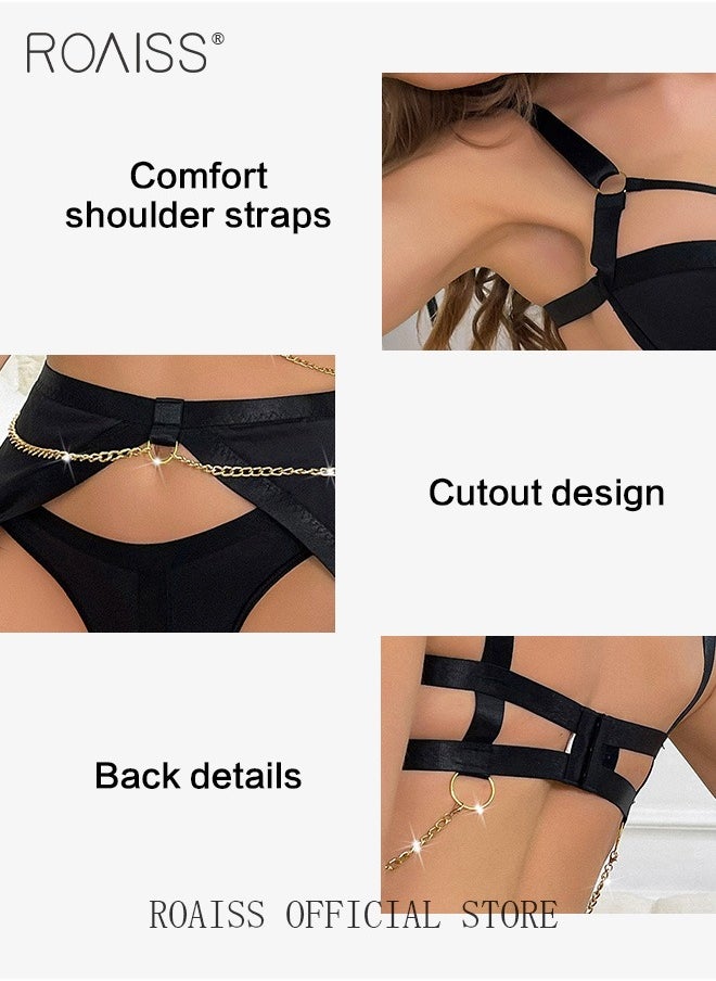 Intertwined Stitching Lingerie Sets for Women Slim Fit Underwire Bra and Panty Underwear Suit with Mesh Garter Ladies Black Hollow out Babydoll Bodysuit Set with Chain for Adults