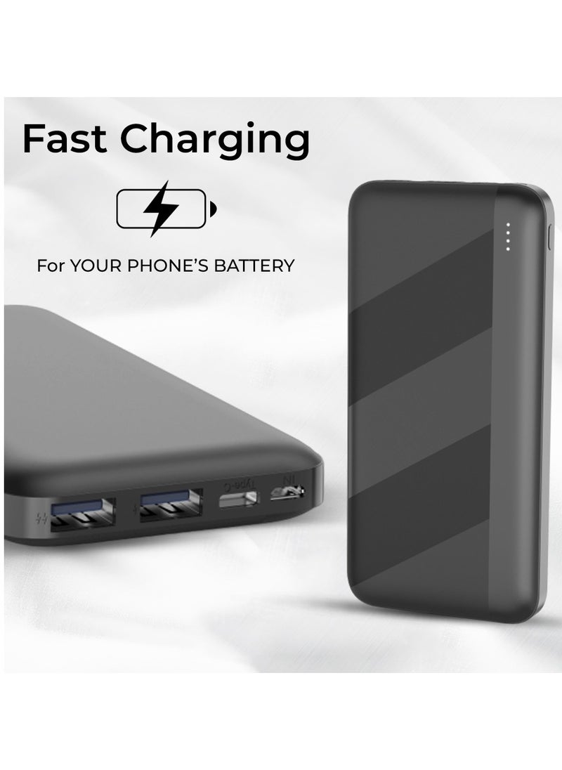 10000mAh 22.5W Fast Charging Portable Power Bank  with USB C and dual A ports for Charging iPhone, Android, AirPods, iPad & More in Elegant Black