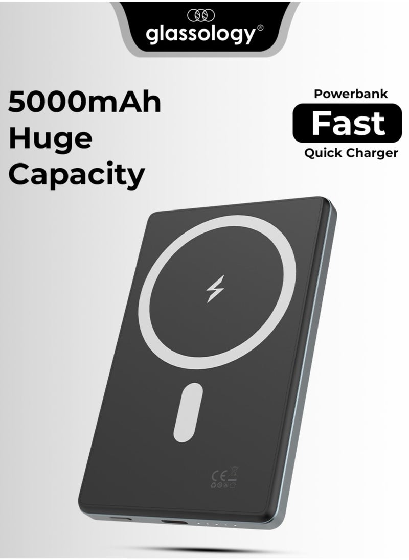 Ultra Slim Magsafe Power Bank 5000mAh, Wireless Portable Charger 15W Magnetic, Designed for MagSafe Battery Pack, PD USB-C Fast Charging for iPhone 15/14/13/12 Series