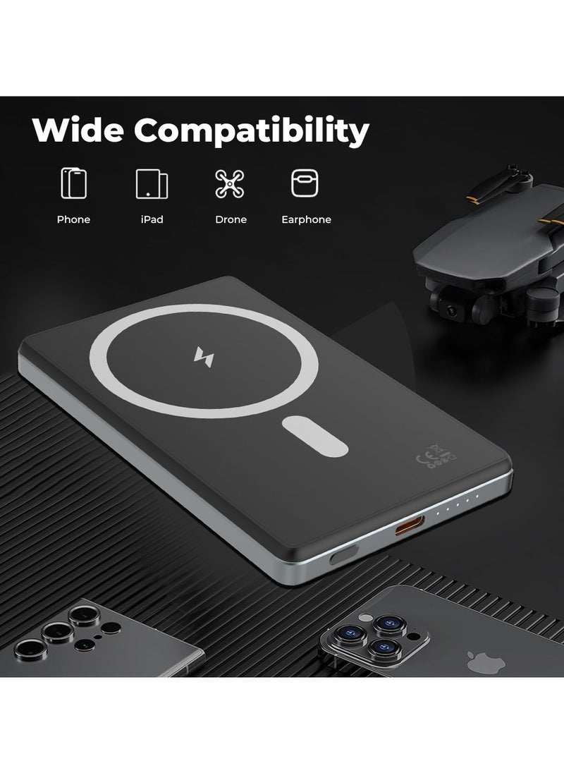 Ultra Slim Magsafe Power Bank 5000mAh, Wireless Portable Charger 15W Magnetic, Designed for MagSafe Battery Pack, PD USB-C Fast Charging for iPhone 15/14/13/12 Series