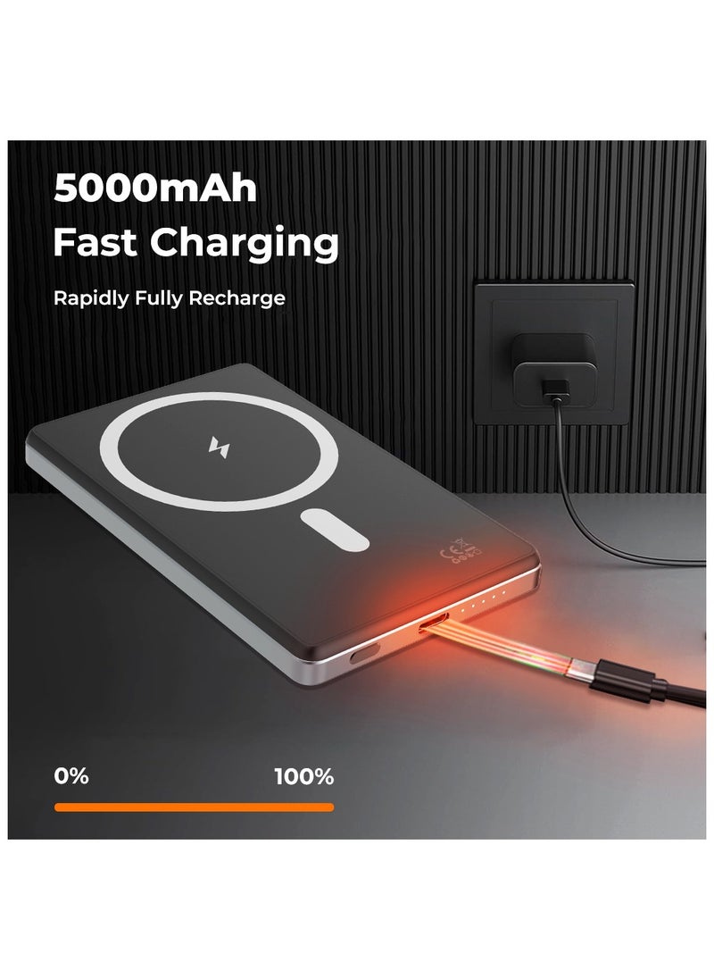 Ultra Slim Magsafe Power Bank 5000mAh, Wireless Portable Charger 15W Magnetic, Designed for MagSafe Battery Pack, PD USB-C Fast Charging for iPhone 15/14/13/12 Series