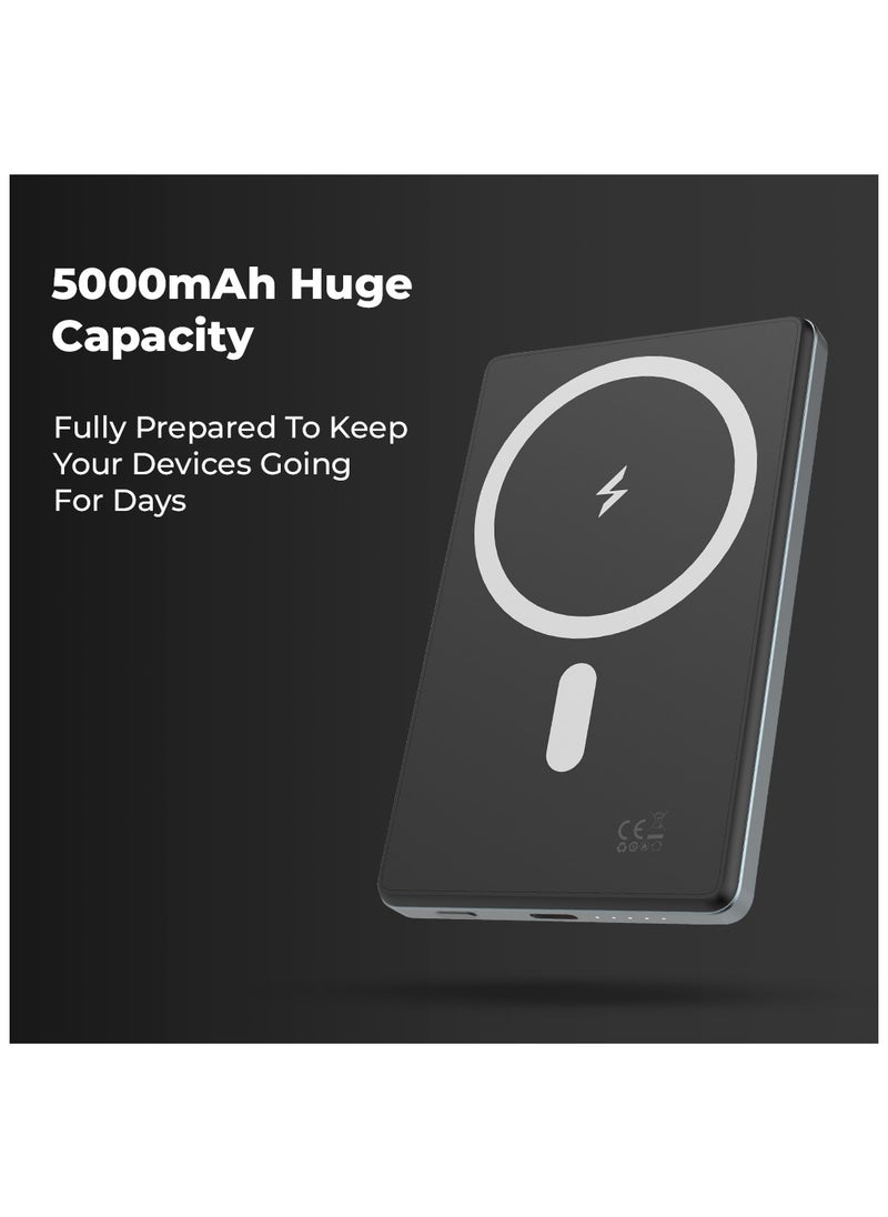 Ultra Slim Magsafe Power Bank 5000mAh, Wireless Portable Charger 15W Magnetic, Designed for MagSafe Battery Pack, PD USB-C Fast Charging for iPhone 15/14/13/12 Series