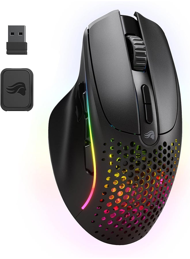 Gaming Model I 2 Wireless Gaming Mouse - Hybrid 2.4Ghz & Bluetooth, 75g Superlight, 9 Buttons (2 Swappable), RGB, PTFE Feet, MMO/MOBA/FPS, Long Battery Life, Side Thumb Rest - Black