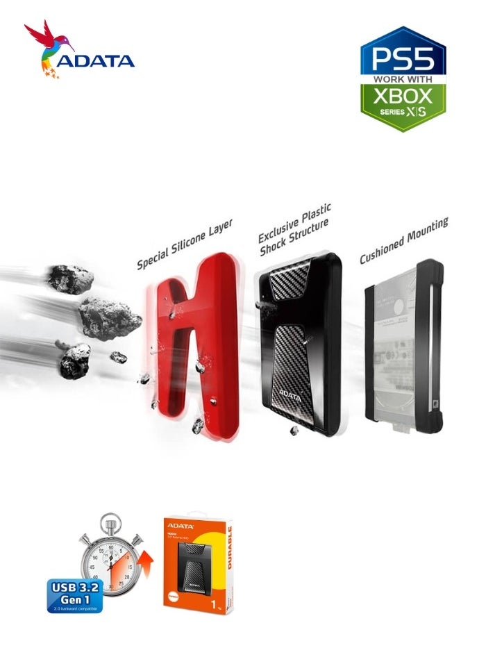 HD650 DURABLE 1TB External HDD | Anti Shock Hard Drive | Compatible with PS5 XBOX | Black