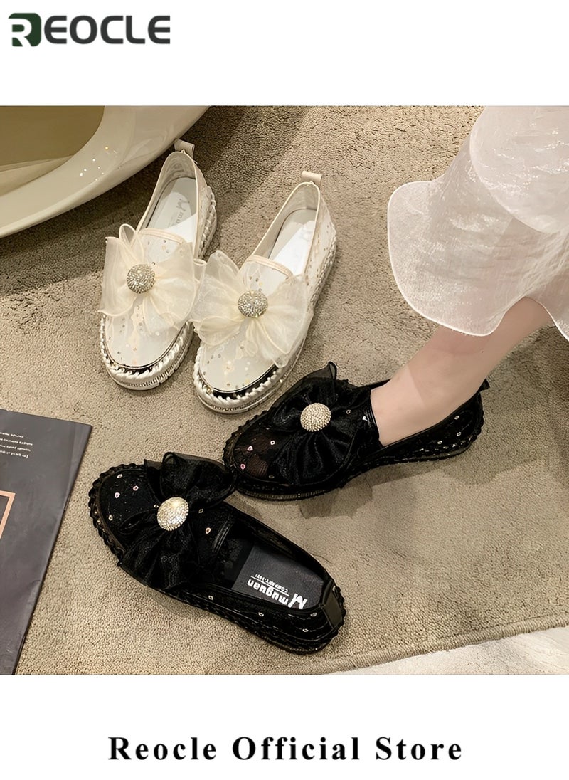Women's Rhinestones Sneaker Glitter Bow Mesh Platform Slip On Loafers Comfort Sneaker Flat Loafer Casual Shoes