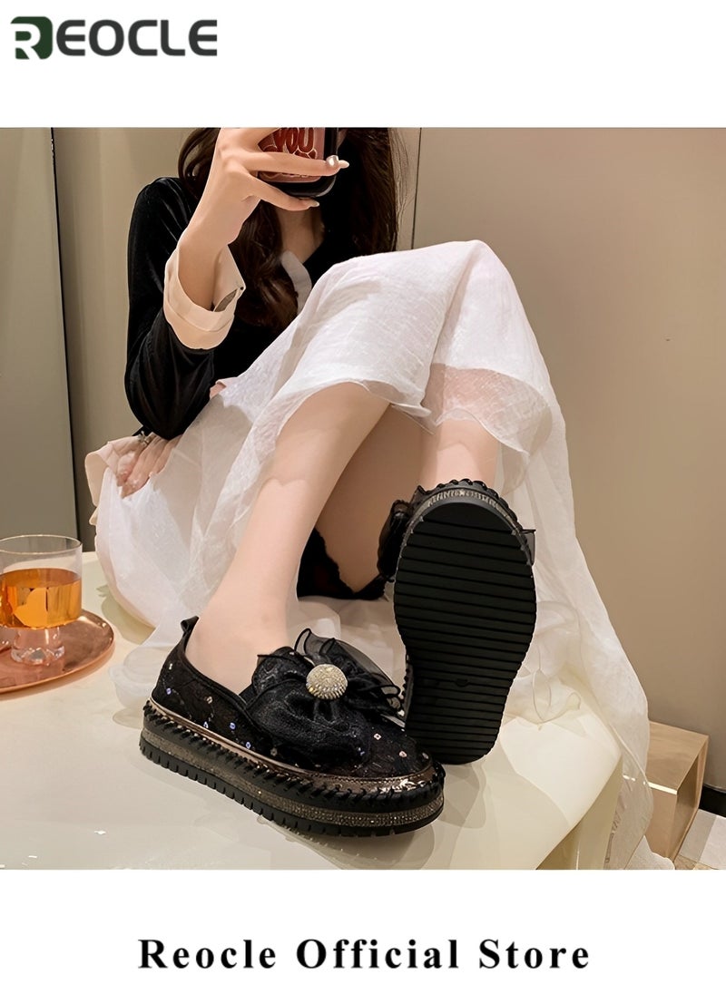 Women's Rhinestones Sneaker Glitter Bow Mesh Platform Slip On Loafers Comfort Sneaker Flat Loafer Casual Shoes