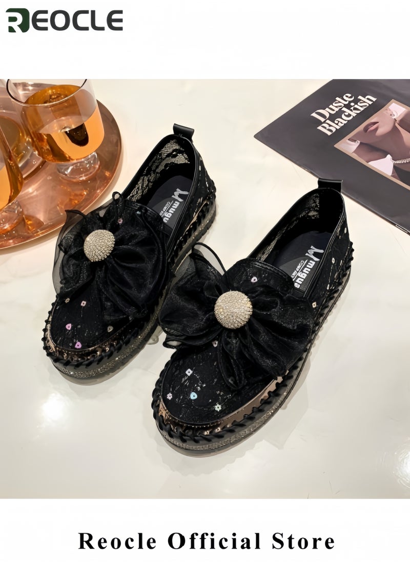 Women's Rhinestones Sneaker Glitter Bow Mesh Platform Slip On Loafers Comfort Sneaker Flat Loafer Casual Shoes