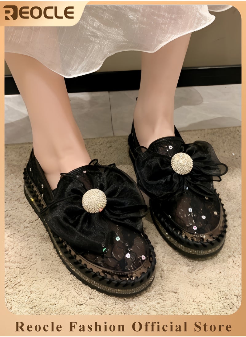 Women's Rhinestones Sneaker Glitter Bow Mesh Platform Slip On Loafers Comfort Sneaker Flat Loafer Casual Shoes