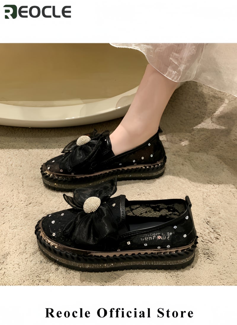 Women's Rhinestones Sneaker Glitter Bow Mesh Platform Slip On Loafers Comfort Sneaker Flat Loafer Casual Shoes