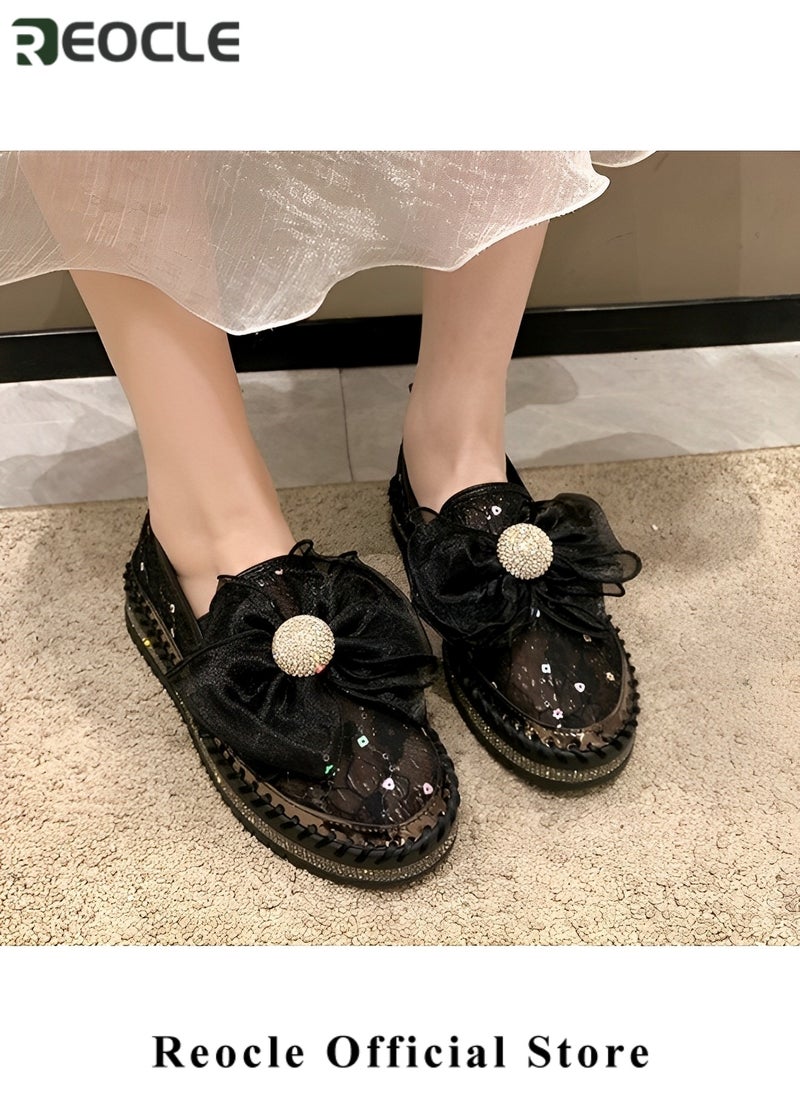 Women's Rhinestones Sneaker Glitter Bow Mesh Platform Slip On Loafers Comfort Sneaker Flat Loafer Casual Shoes