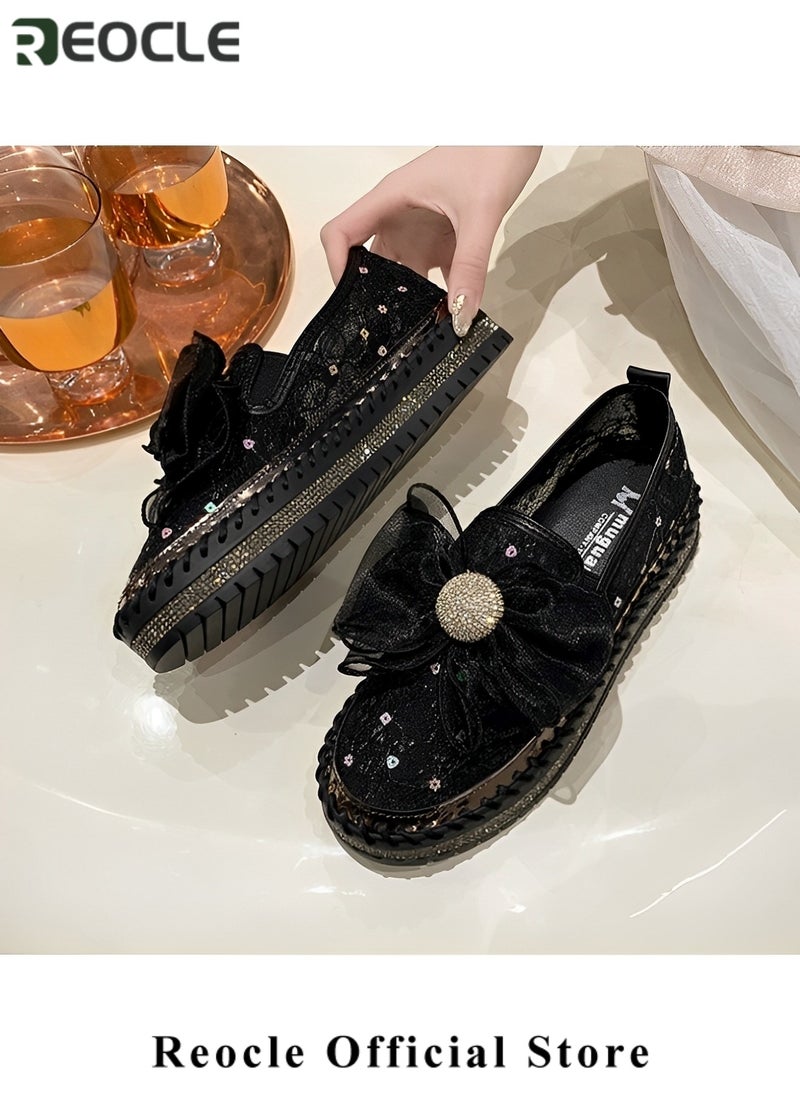Women's Rhinestones Sneaker Glitter Bow Mesh Platform Slip On Loafers Comfort Sneaker Flat Loafer Casual Shoes
