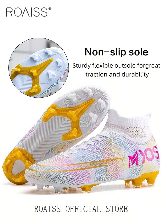 Professional Spikes Soccer Cleats for Man Youth High Top Competition Training Shoes Mens Front Lace up Breathable Outdoor Sneakers Athletic Anti Slip Soft Sole Sports Shoes for All Seasons