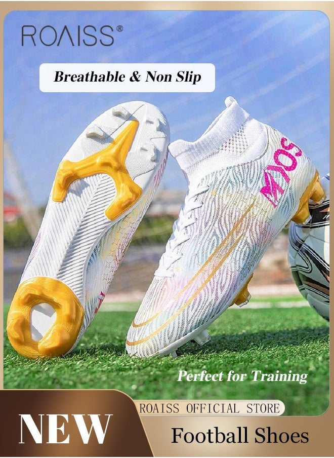 Professional Spikes Soccer Cleats for Man Youth High Top Competition Training Shoes Mens Front Lace up Breathable Outdoor Sneakers Athletic Anti Slip Soft Sole Sports Shoes for All Seasons