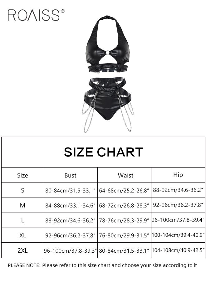 2Pcs Halter Neck Hollow Underwear Set for Women Chain Design Backless Separate Lingerie Suit Ladies Adult Bunny Girl Intimates Clothing Bikini Loungewear Cosplay Costumes Boudoir Outfits