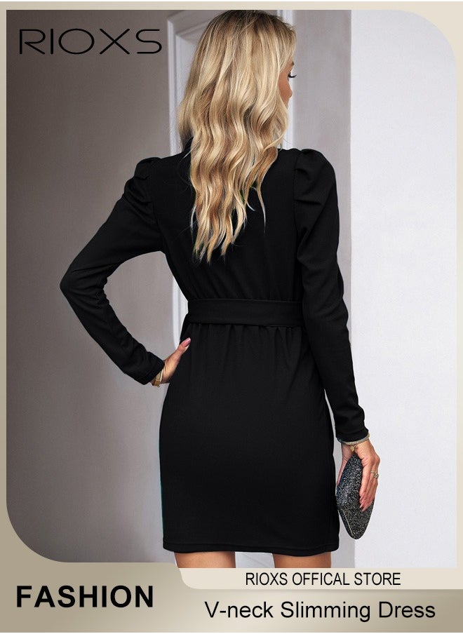 Women's V-Neck Slimming Solid Color Wrap Dress With A Belt Long Sleeve Ruffle Shoulders Knee-High Elegant Dress For Work Office Or Official Occasions