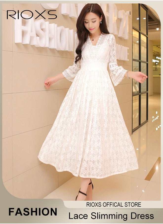 Women's V-neck Lace Slim Maxi Dress, Long Flared Sleeve Party Dress, Casual Beach Dress, Elastic Waist Princess Dress, Ladies Elegant Dresses, Boho Maxi Dress Bohemian Dress For Women