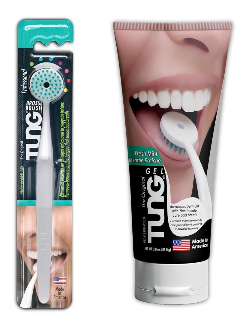 Tung Tongue Brush & Gel Kit | Tongue Cleaner for Adults | Tongue Scraper to Fight Bad Breath and Halitosis | Mouth Odor Eliminator | Fresh Mint | Made in America (Set of 1)