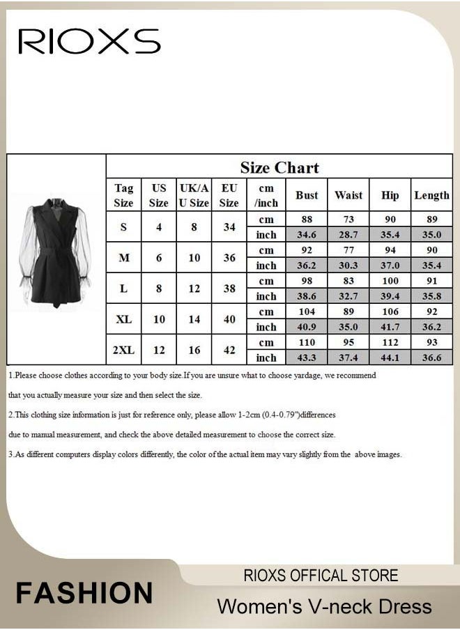 Women's Double-breasted Formal Dress with Mesh Puff Sleeves and Belt, Long Sleeve Formal Blazer Dress, Fashionable A-line Dress with Elegant Chic Style, Suitable for All Daily Wear and Formal Occasions