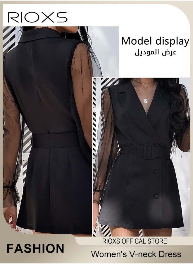 Women's Double-breasted Formal Dress with Mesh Puff Sleeves and Belt, Long Sleeve Formal Blazer Dress, Fashionable A-line Dress with Elegant Chic Style, Suitable for All Daily Wear and Formal Occasions