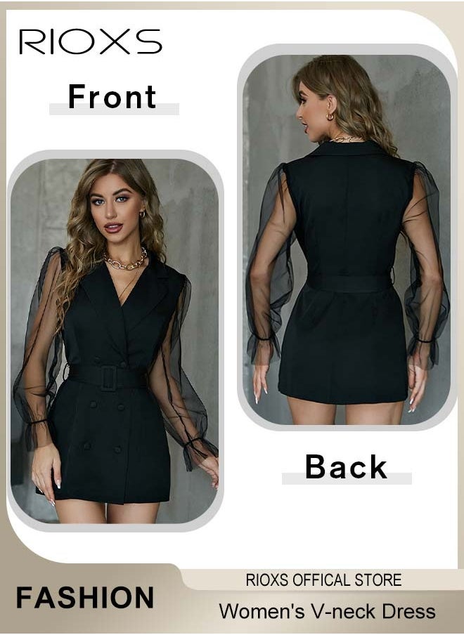 Women's Double-breasted Formal Dress with Mesh Puff Sleeves and Belt, Long Sleeve Formal Blazer Dress, Fashionable A-line Dress with Elegant Chic Style, Suitable for All Daily Wear and Formal Occasions