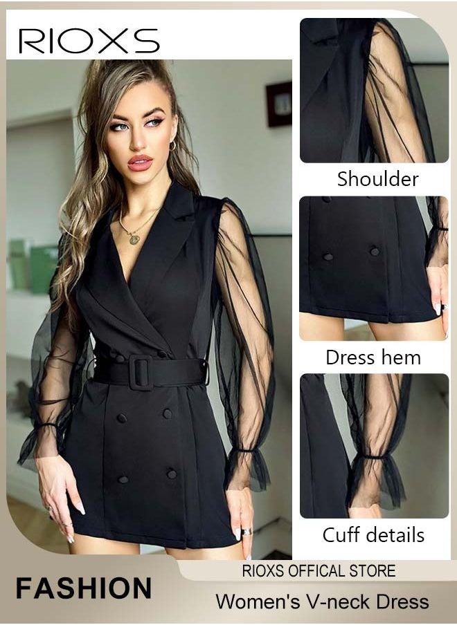 Women's Double-breasted Formal Dress with Mesh Puff Sleeves and Belt, Long Sleeve Formal Blazer Dress, Fashionable A-line Dress with Elegant Chic Style, Suitable for All Daily Wear and Formal Occasions