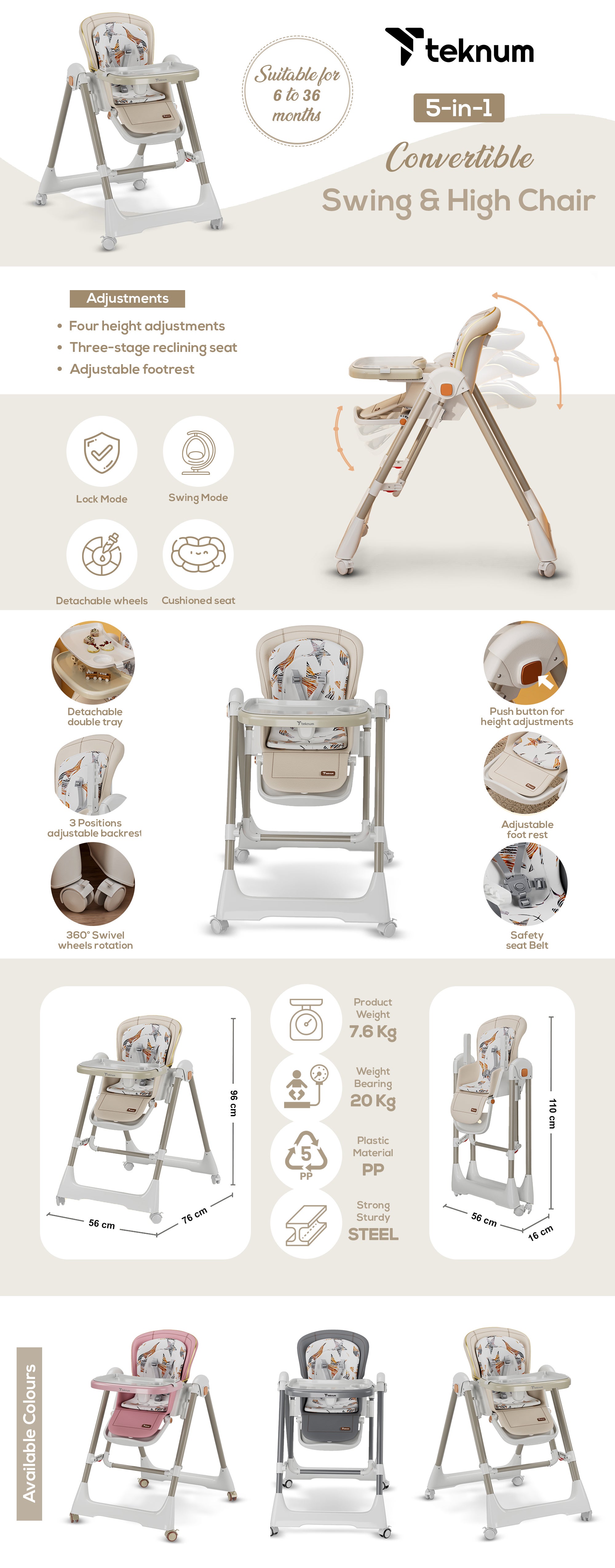 5-In-1 Swing With High Chair With Lockable Wheels - Ivory