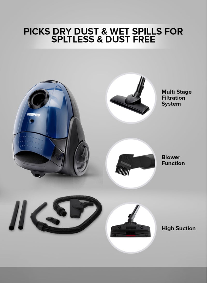 Vacuum Cleaner With 1.5 L Dust Bag Capacity and Dust Full Indicator| Powerful Suction and Low Noise| Includes Flexible Hose, Plastic Insert Tube and Plastic Floor Brush| Pedal Switch and Auto Rewinding 1.5 L 2200 W GVC2594 Blue