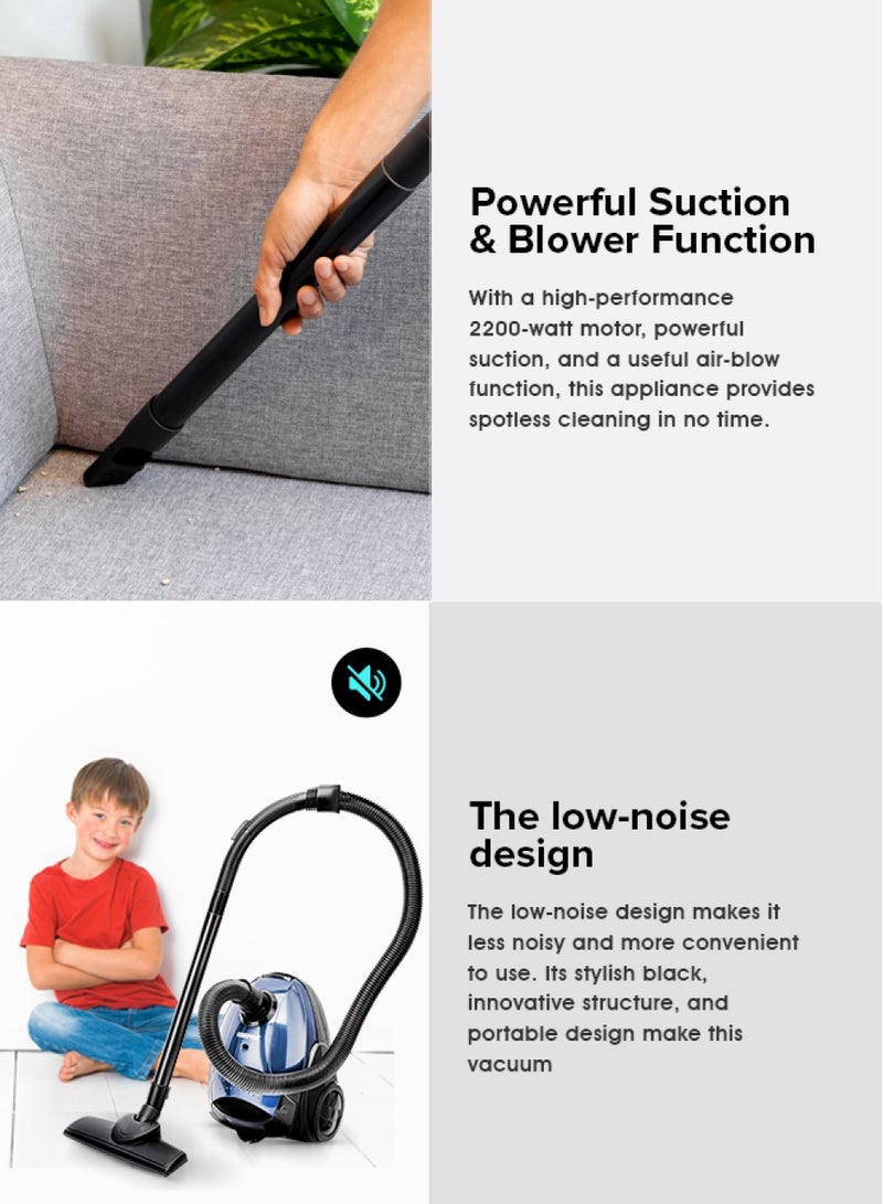 Vacuum Cleaner With 1.5 L Dust Bag Capacity and Dust Full Indicator| Powerful Suction and Low Noise| Includes Flexible Hose, Plastic Insert Tube and Plastic Floor Brush| Pedal Switch and Auto Rewinding 1.5 L 2200 W GVC2594 Blue