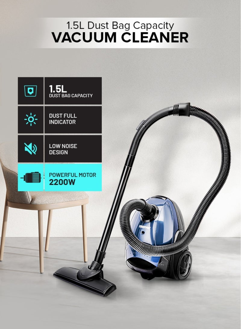 Vacuum Cleaner With 1.5 L Dust Bag Capacity and Dust Full Indicator| Powerful Suction and Low Noise| Includes Flexible Hose, Plastic Insert Tube and Plastic Floor Brush| Pedal Switch and Auto Rewinding 1.5 L 2200 W GVC2594 Blue