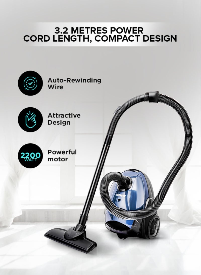 Vacuum Cleaner With 1.5 L Dust Bag Capacity and Dust Full Indicator| Powerful Suction and Low Noise| Includes Flexible Hose, Plastic Insert Tube and Plastic Floor Brush| Pedal Switch and Auto Rewinding 1.5 L 2200 W GVC2594 Blue