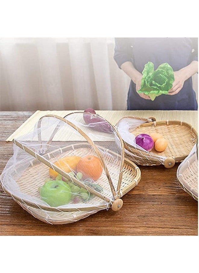 Set of 3 Bamboo Food Serving Trays with Food Mesh Cover