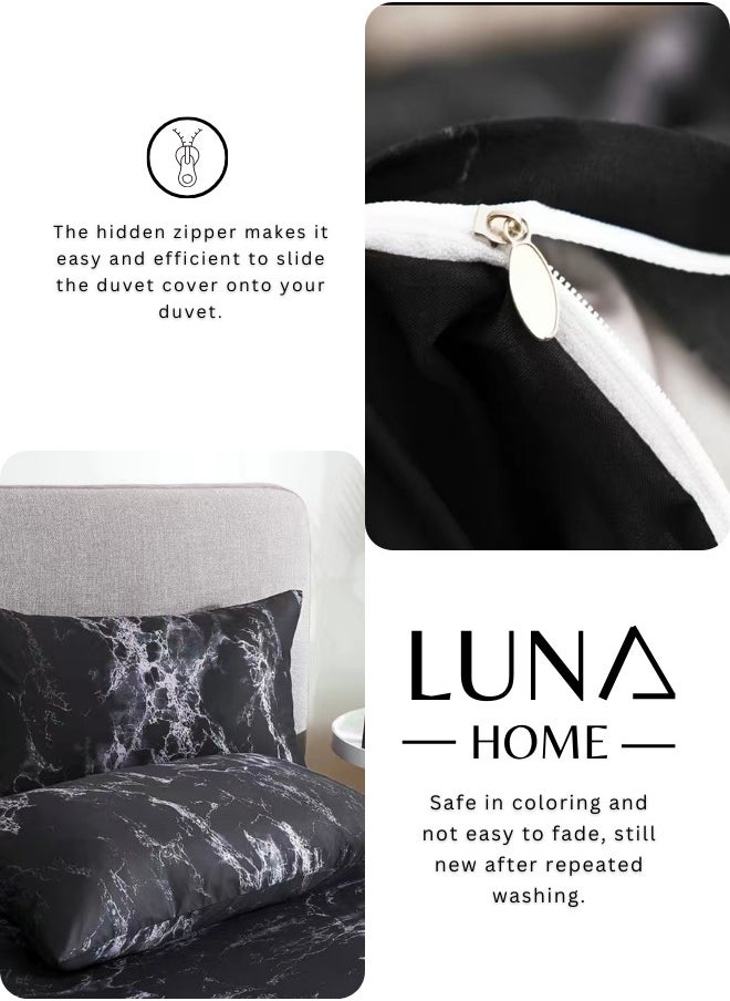 Single size 4 piece duvet cover set black marble design.
