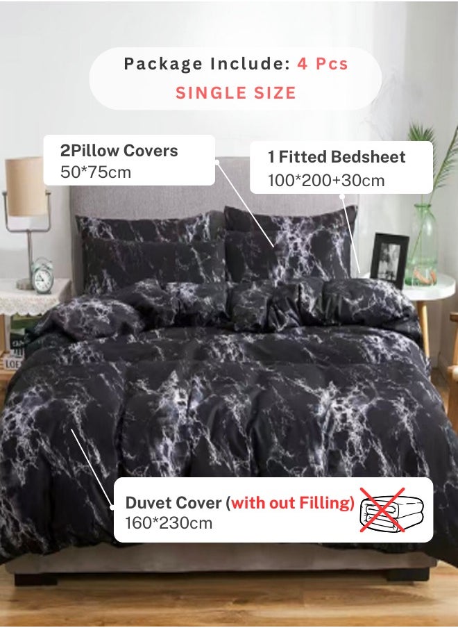 Single size 4 piece duvet cover set black marble design.