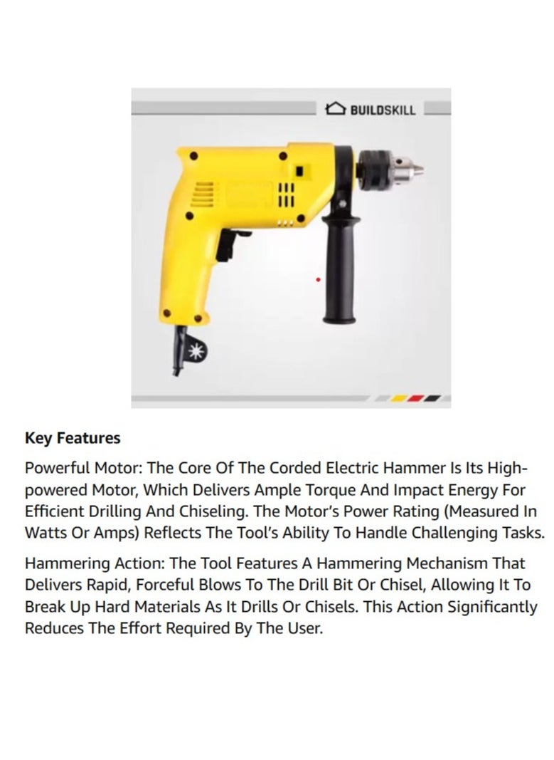 13mm Corded Electric Hammer Percussion Drill for Metal Concrete & Wood Drilling