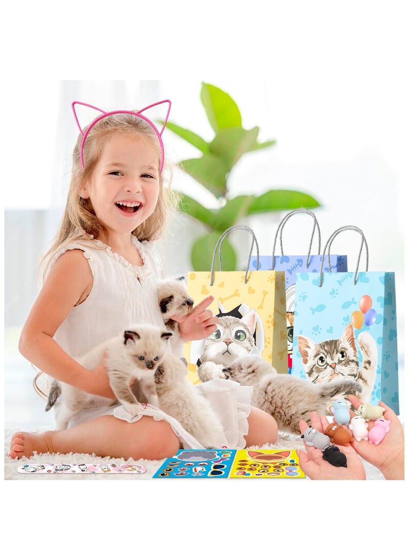 Cat Party Favors, 72pcs Kitty Party Favors Set Including Cat Goodie Bags Ears Headband Stickers Keychains Slap Bracelets etc Cat Themed Party Favors for Cat Birthday Party Decorations Supplies