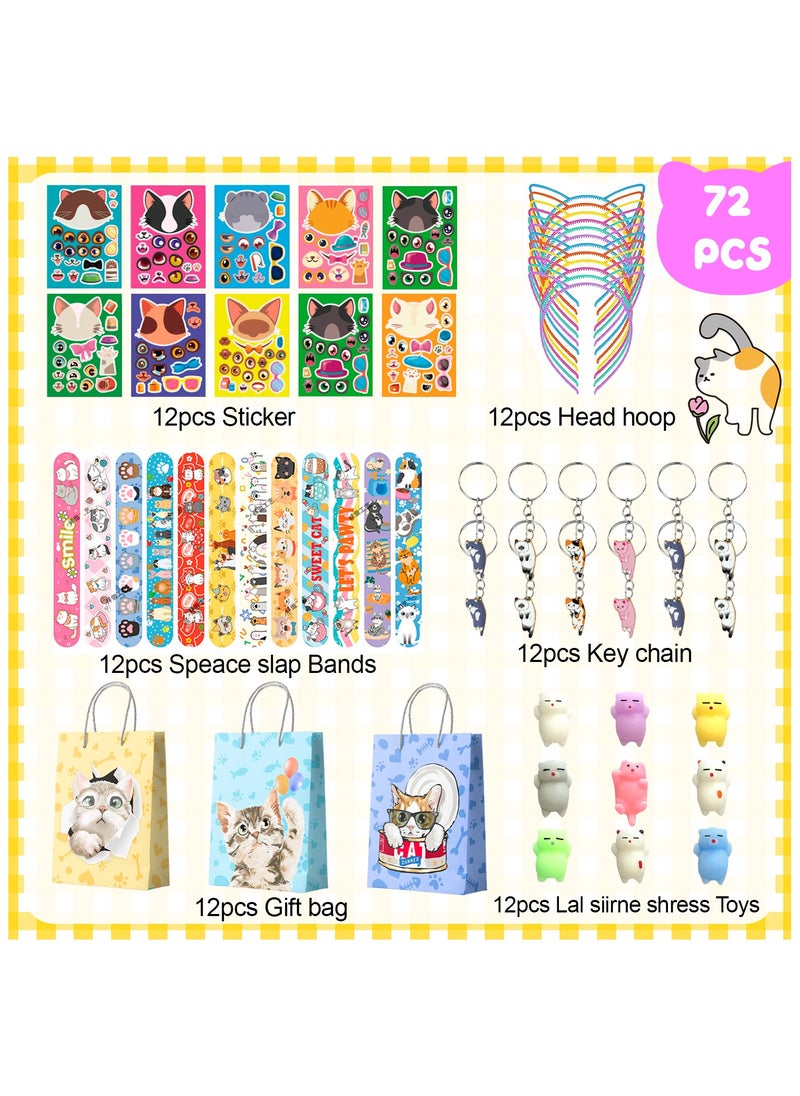 Cat Party Favors, 72pcs Kitty Party Favors Set Including Cat Goodie Bags Ears Headband Stickers Keychains Slap Bracelets etc Cat Themed Party Favors for Cat Birthday Party Decorations Supplies