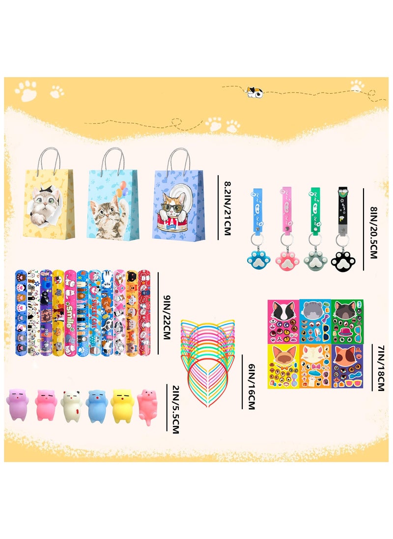 Cat Party Favors, 72pcs Kitty Party Favors Set Including Cat Goodie Bags Ears Headband Stickers Keychains Slap Bracelets etc Cat Themed Party Favors for Cat Birthday Party Decorations Supplies